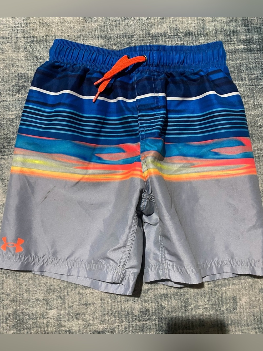 Under Armour Boys Blue Striped Swim Shorts with Orange Drawstring size medium